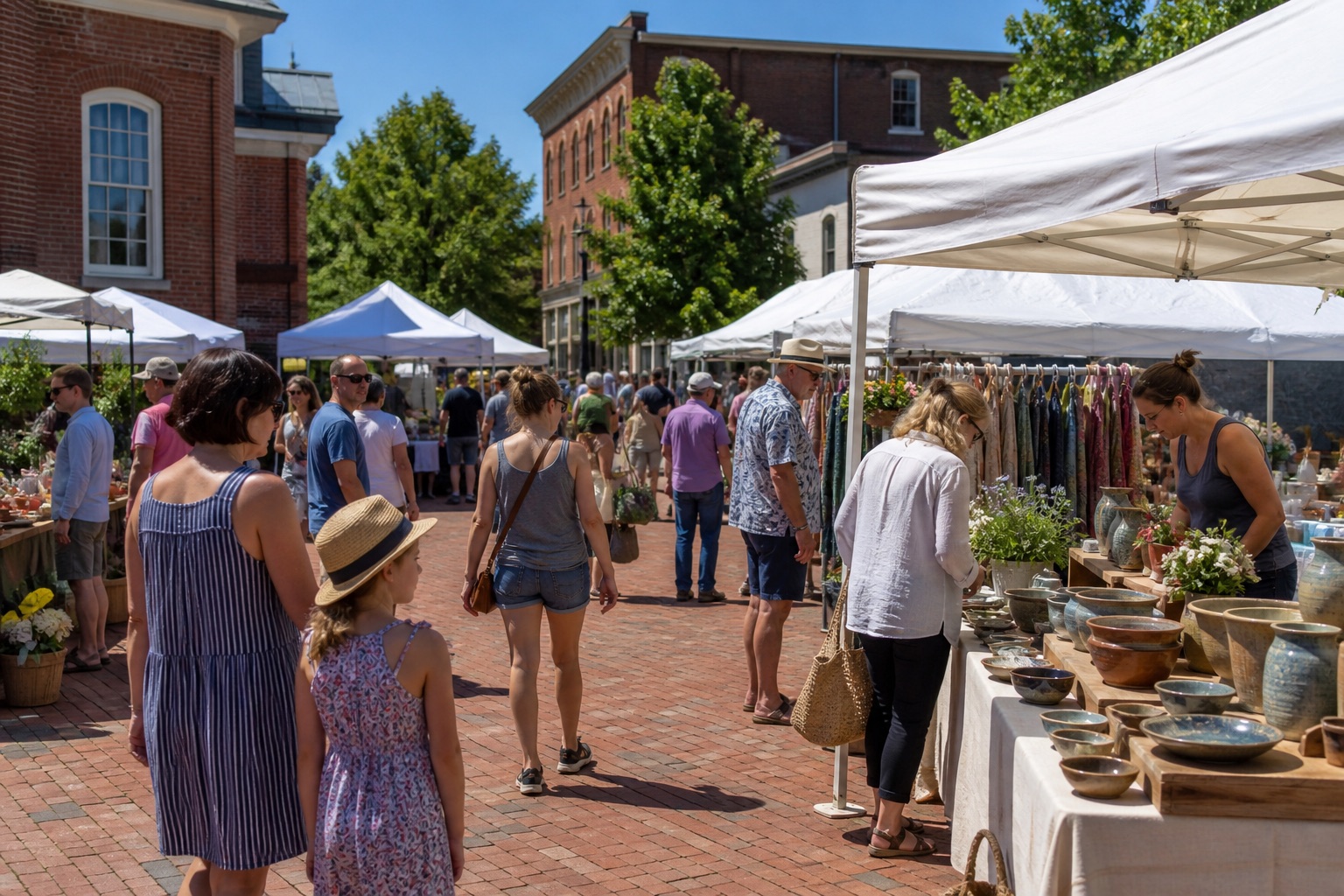 Sunny outdoor summer artisan market tents