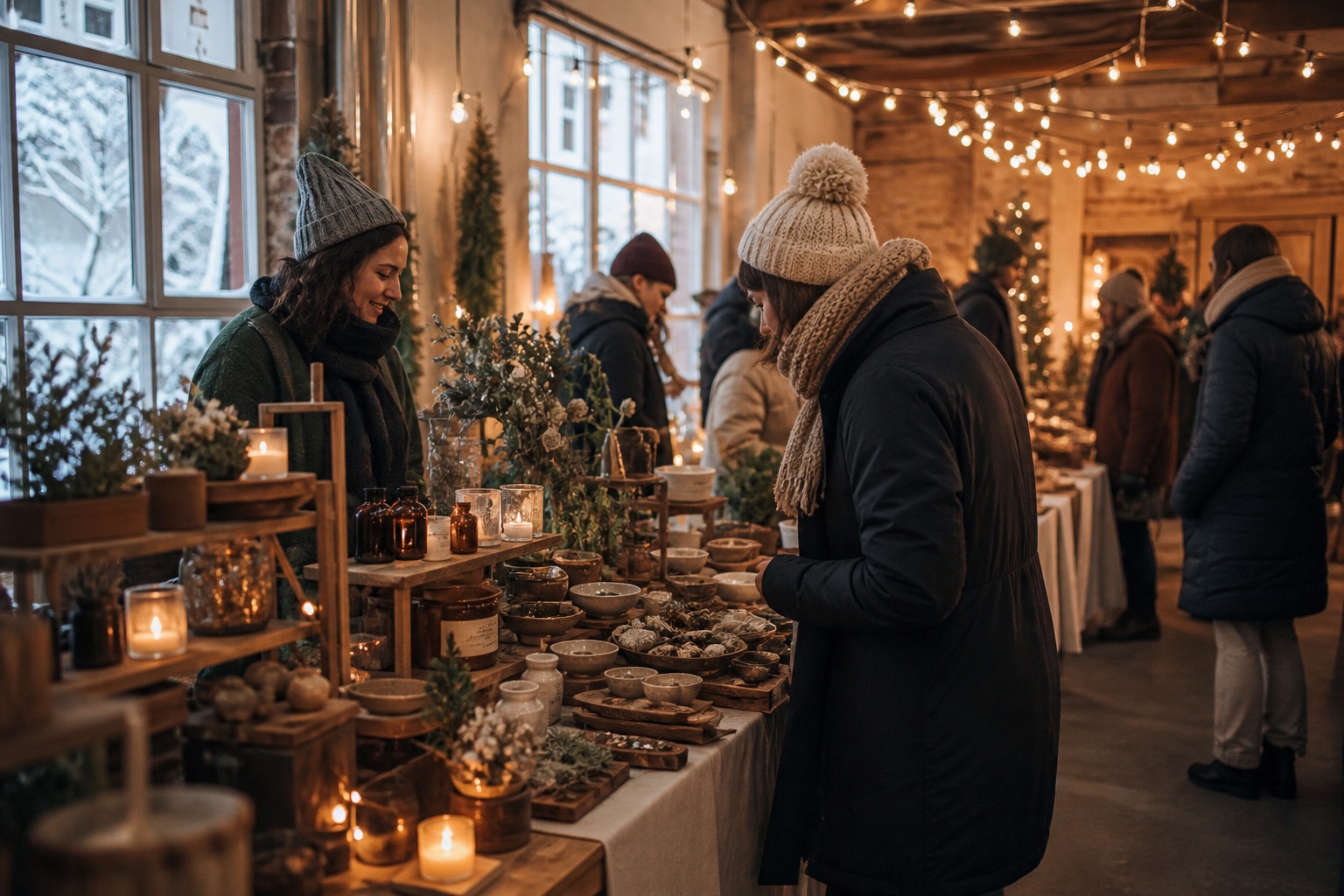 Warm indoor winter market tables and lights