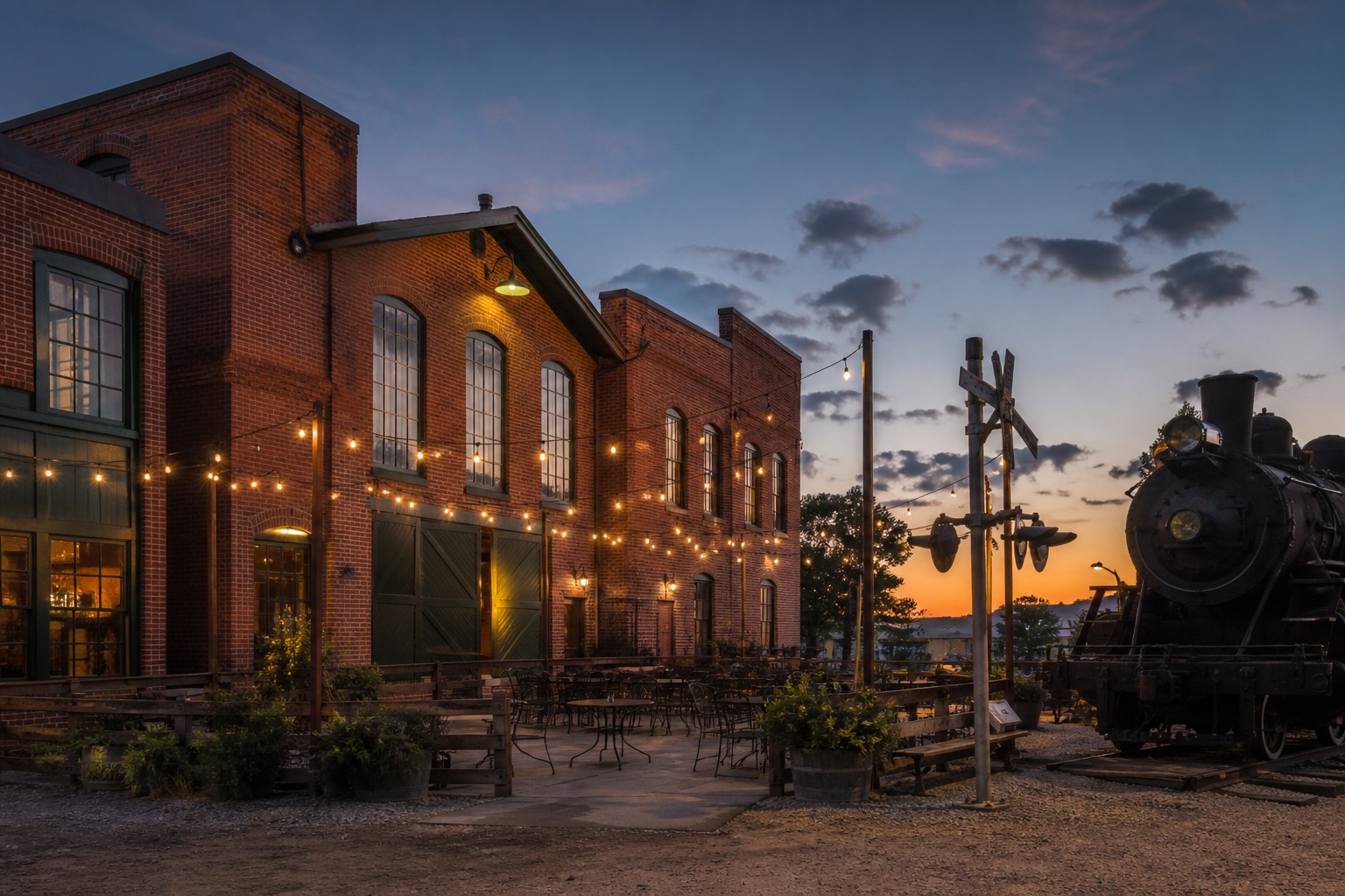 Historic Machine Shop at dusk with string lights and railroad crossing